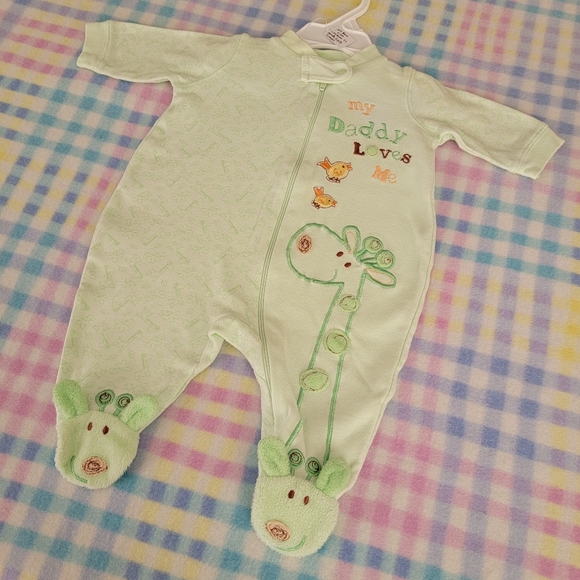 JUST BORN ♡ Green|Brown Giraffe Birdies MY DADDY LOVES ME Zip Footie Outfit 0-3M - Picture 3 of 15